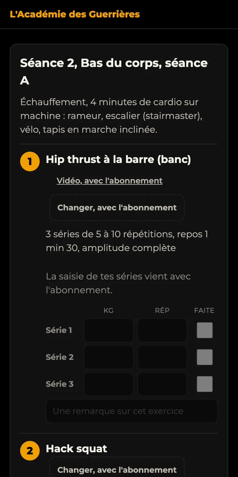 L'écran d'une séance dans l'application, exercice par exercice