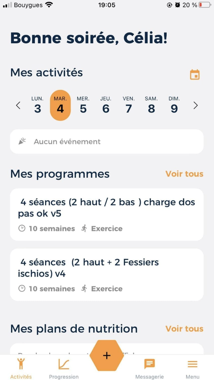 Capture d'écran de l'application : planning hebdomadaire des séances de musculation