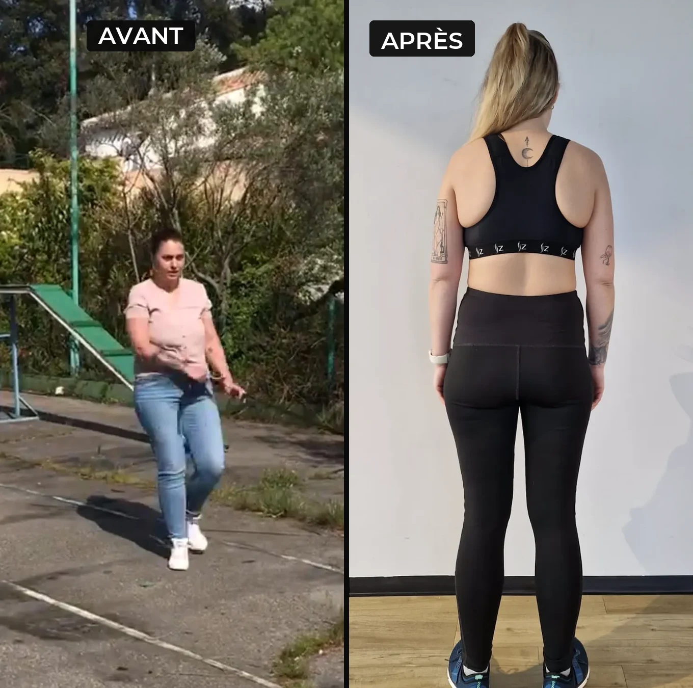 Ophélie avant et après, transformation en musculation, de 70 à 55 kg en deux ans